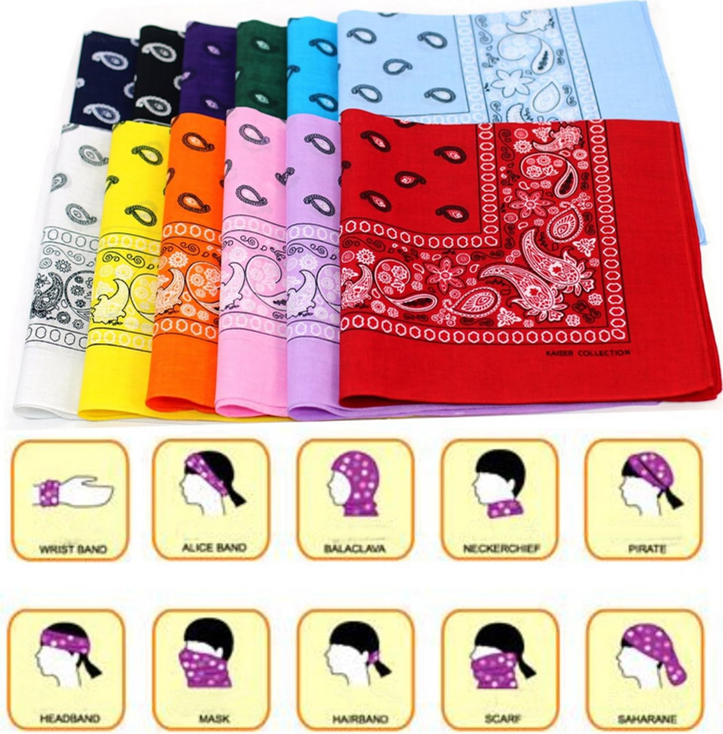 One Dozen/12Pcs Assorted Bandanas 22X22 Inch 100% Cotton Novelty Double Sided Pr