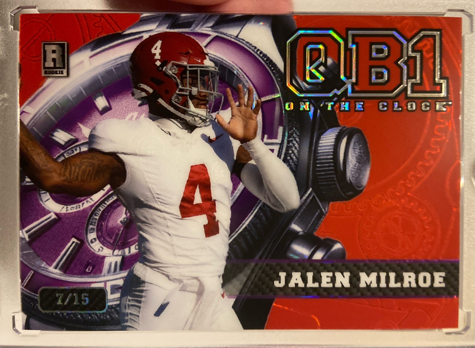 Jalen Milroe 2024 Wild Card QB1 On Clock RC 7/15 CLR Match Red Holo Prismatic