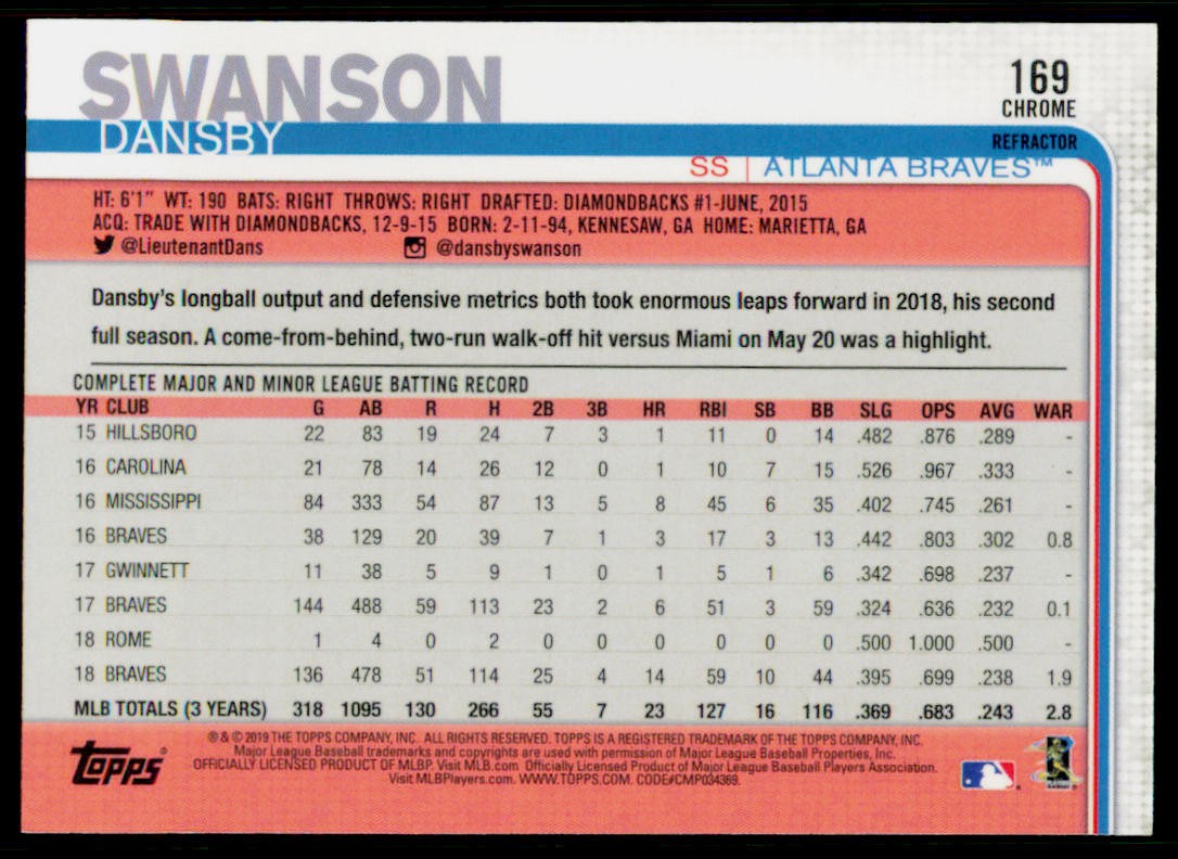 2019 Topps Chrome Dansby Swanson 169 Refractor Atlanta Braves
