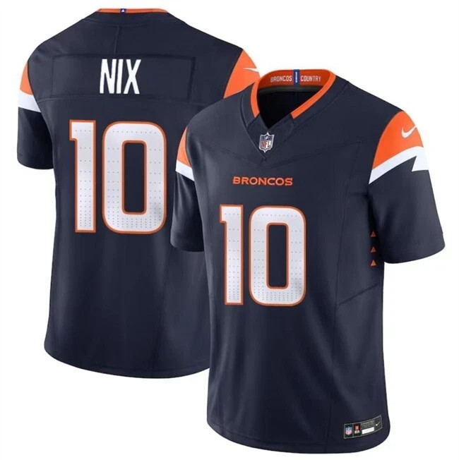 Men’s Broncos Bo Nix #10 Navy/Orange/White Game Limited Stitched Jersey All Size