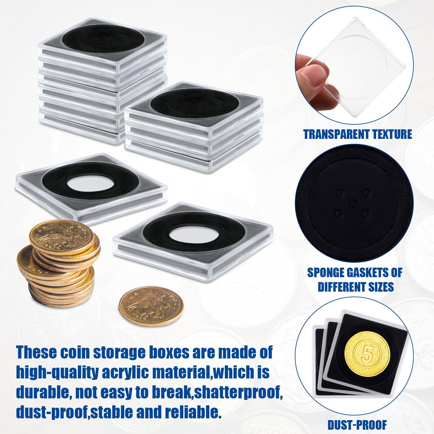30Pcs Adjustable Acrylic Coin Collection Cases with Sponges Coin Snap Holder USA