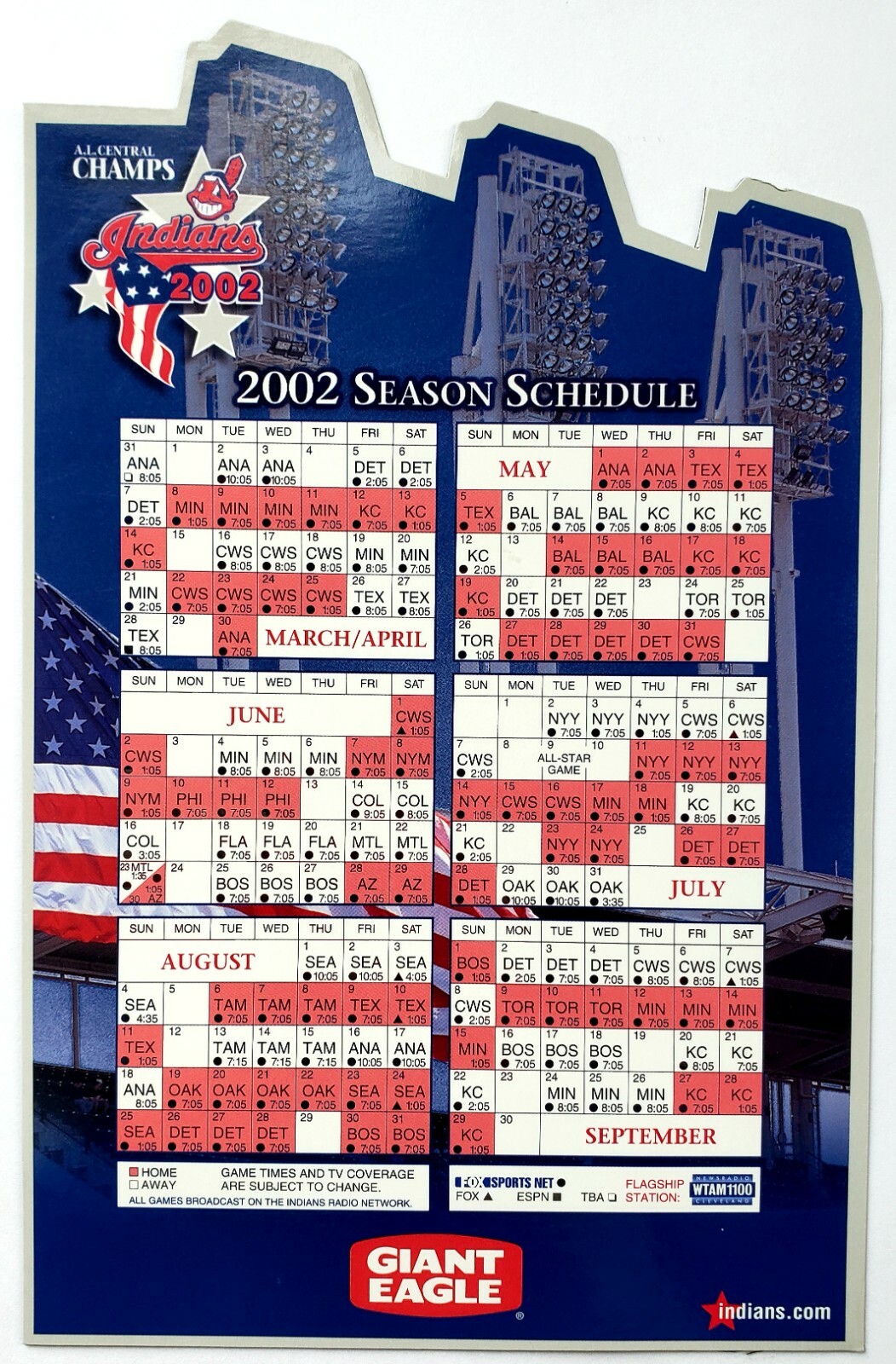 2002 CLEVELAND INDIANS Magnet Schedule MLB Jacobs Field Guardians Progressive