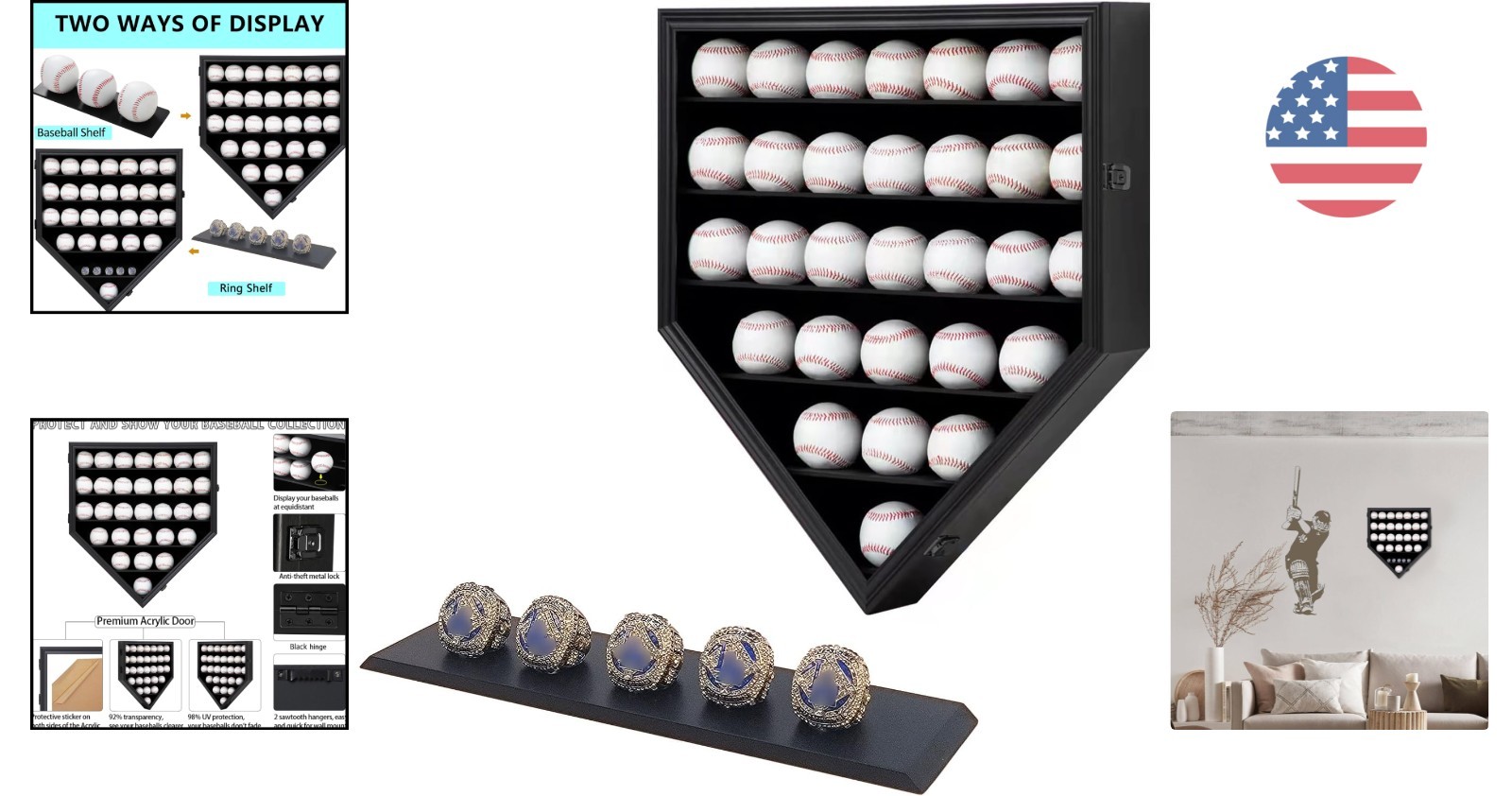 Wooden Display Case for 30 Baseballs & Rings – Shatterproof Acrylic Door