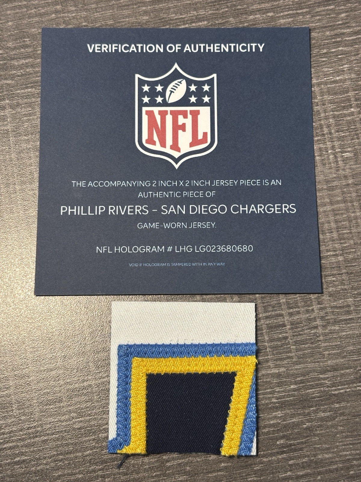 PHILLIP RIVERS GAME USED WORN NUMBER “17” PATCH NFL COA HOLOGRAM SD LA CHARGERS