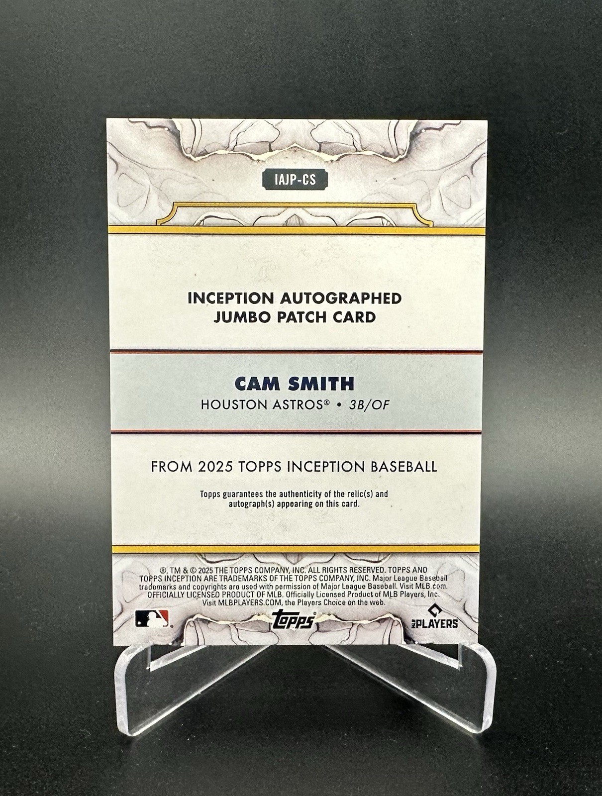 2025 TOPPS INCEPTION CAM SMITH #IAJP-CS JUMBO PATCH AUTO /125 RC Astros