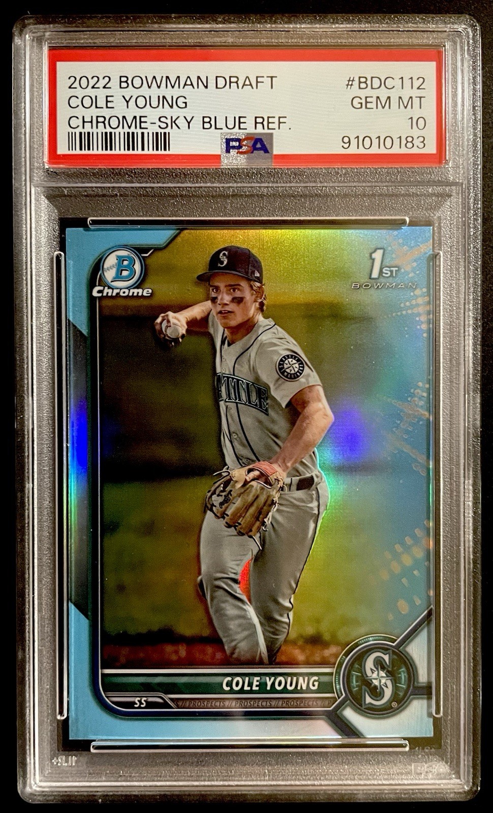 Cole Young 2022 Bowman Draft Chrome Sky Blue Refractor PSA 10 Rookie RC #BDC112