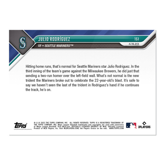 Julio Rodriguez Seattle Mariners Trident Debut HR 2023 Topps NOW #151 – QTY