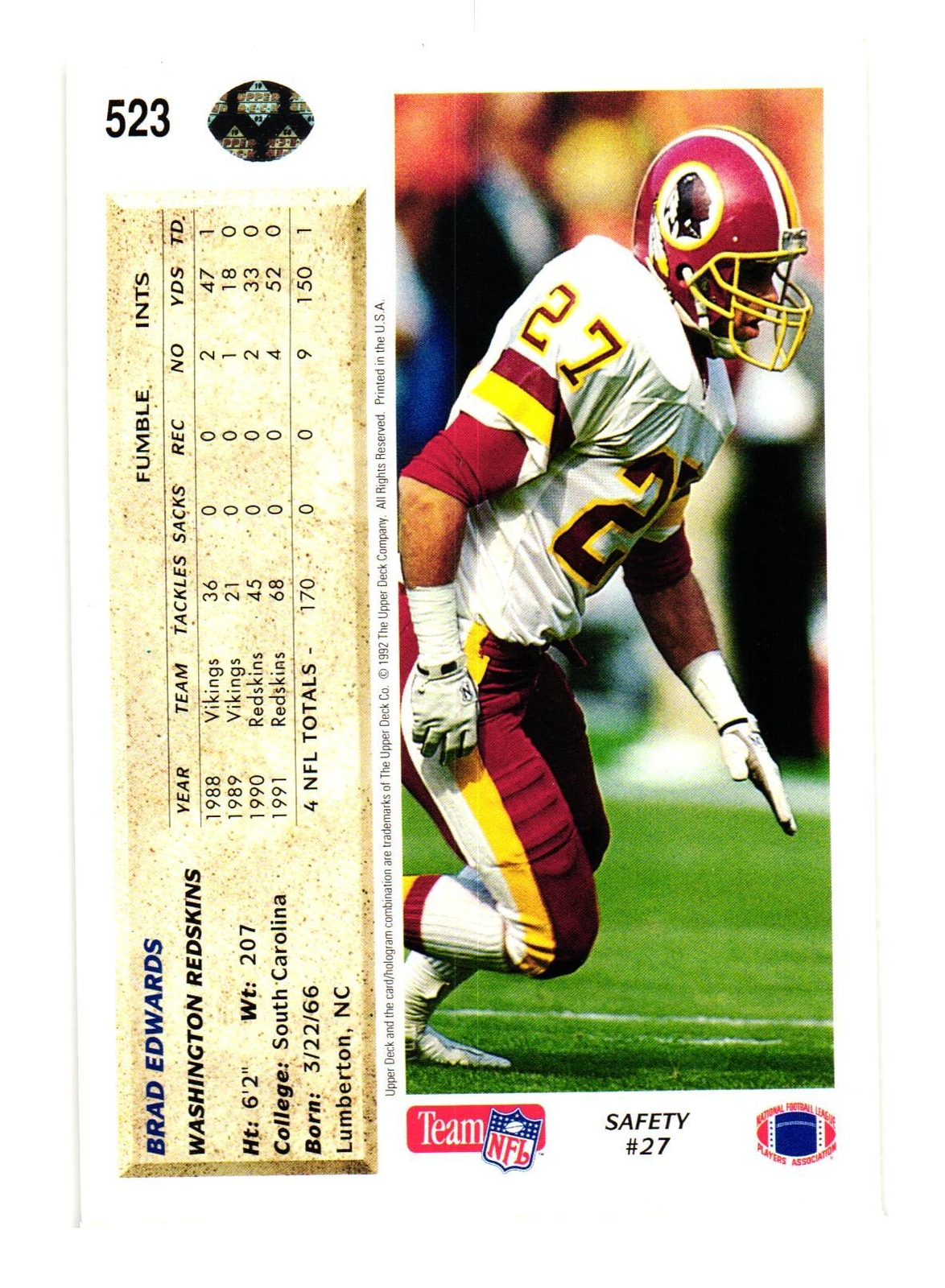 1992 Upper Deck #523 Brad Edwards Washington