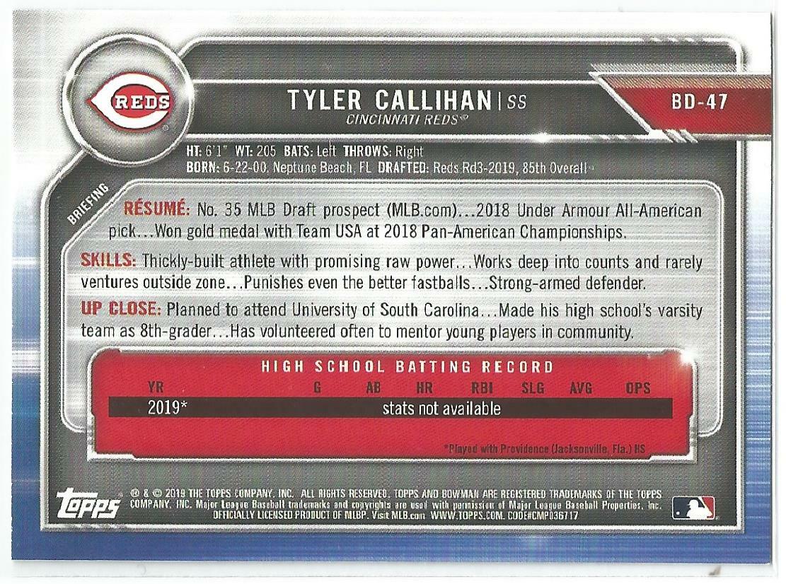 Tyler Callihan Cincinnati Reds 2019 Bowman Draft 1st Bowman Card