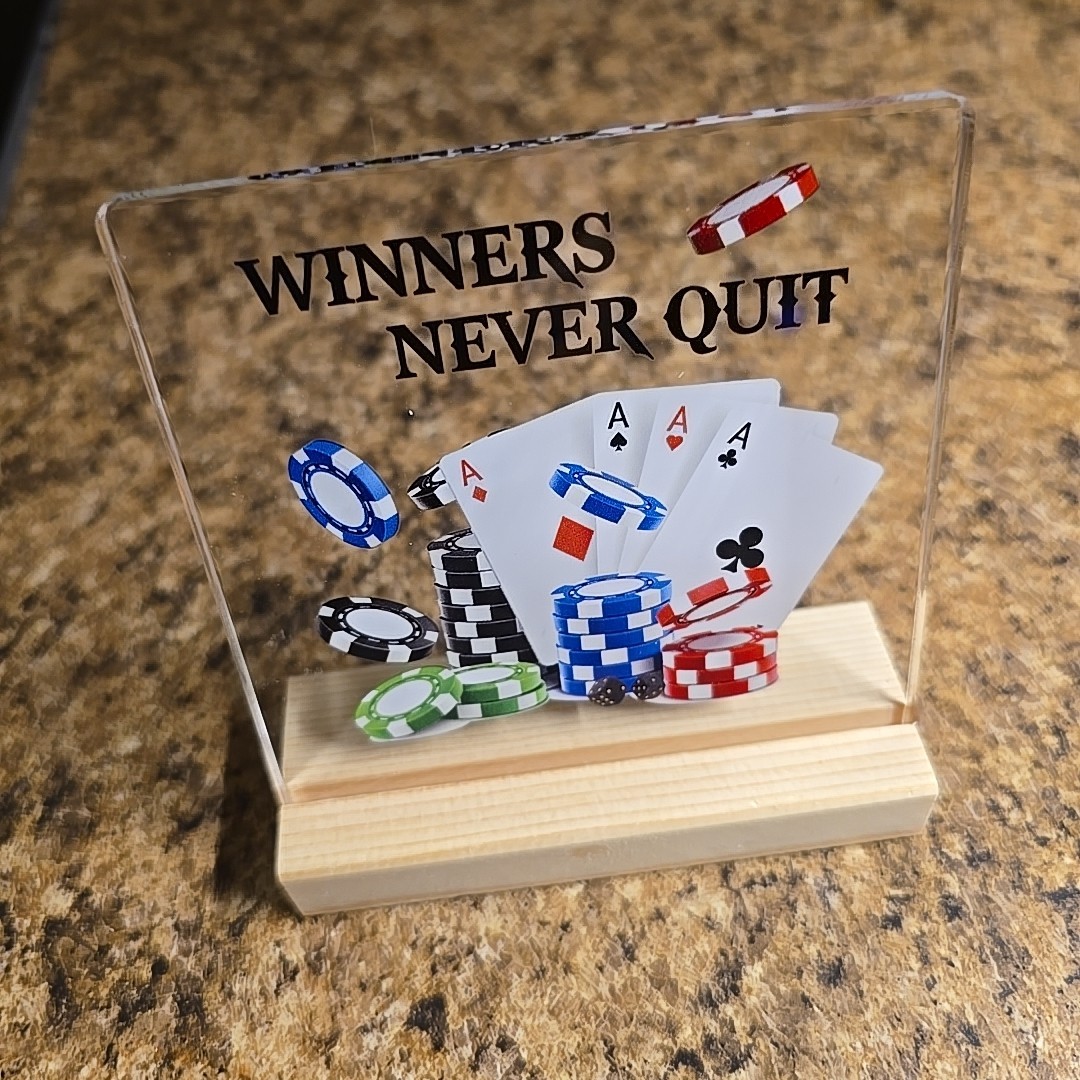 Winners Never Quit Poker Trophy With wooden Stand Winner Acrylic Clear Minicards