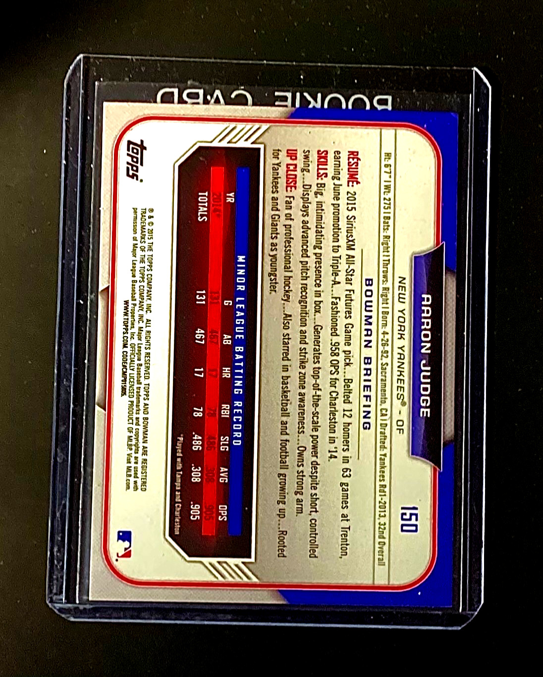 Aaron Judge Rookie 2015 Bowman #150 New York Yankees Baseball Game #1 Hitting RC