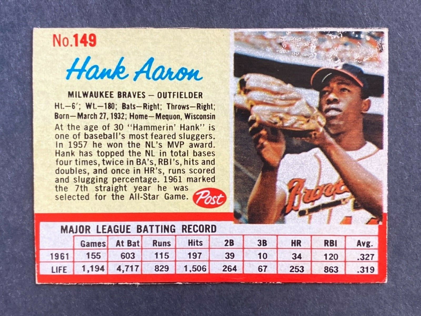 1962 Post Cereal #149 Hank Aaron Atlanta Braves HOF baseball card hand cut
