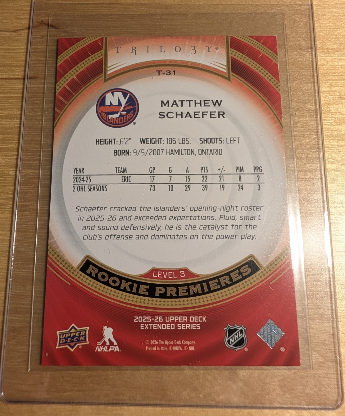 Matthew Schaefer Young Guns Upper Deck Trilogy Rookie Level 3. 28 of 99