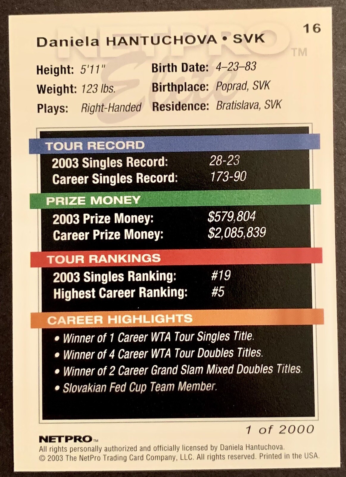 2003 NETPRO ELITE 2000 DANIELA HANTUCHOVA #16 ROOKIE LIMITED ONLY /2000 NOT MINT