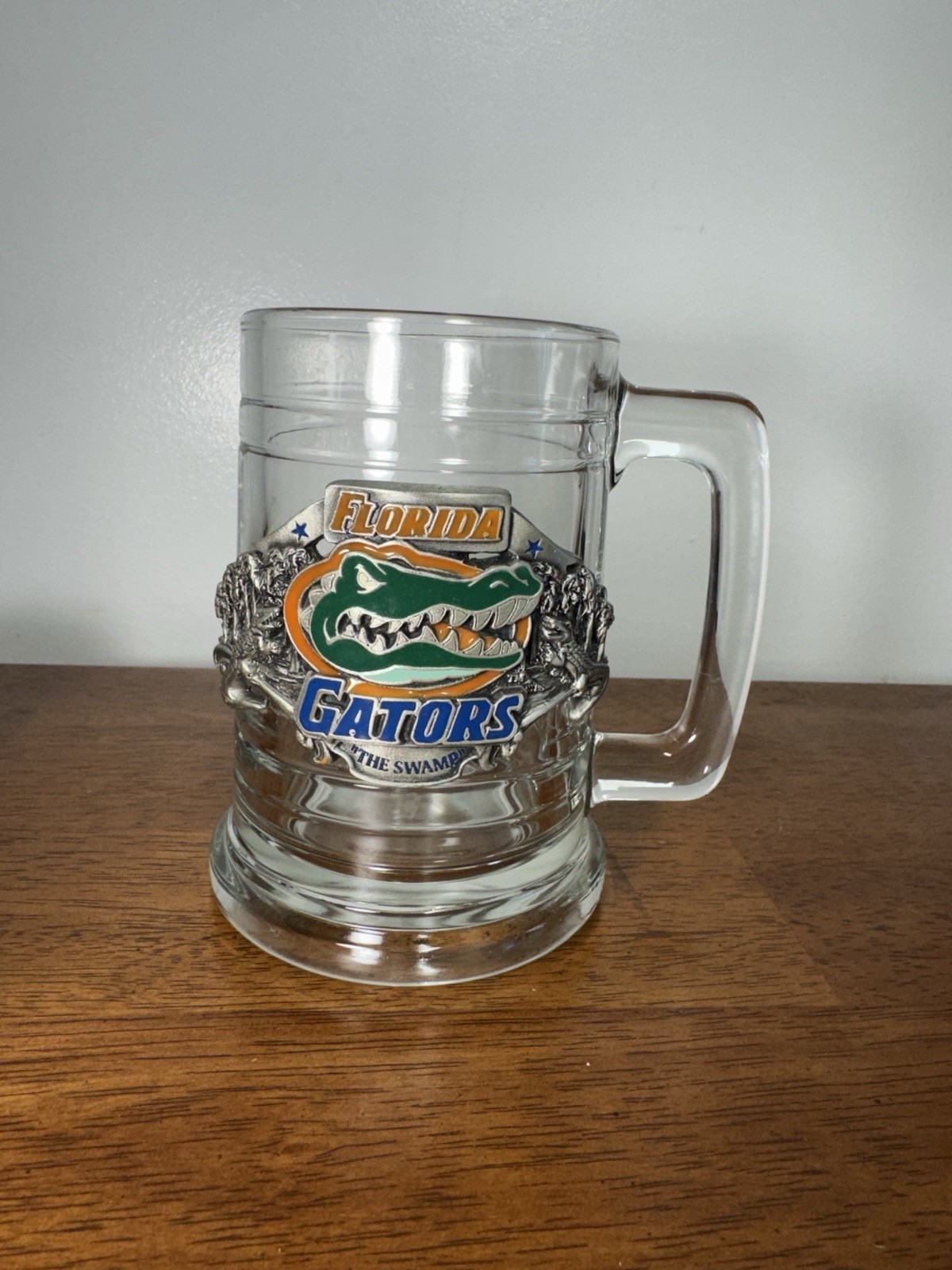 Florida Gators Glass Beer Mug Stein w/ Metal Emblem “The Swamp” Tankard