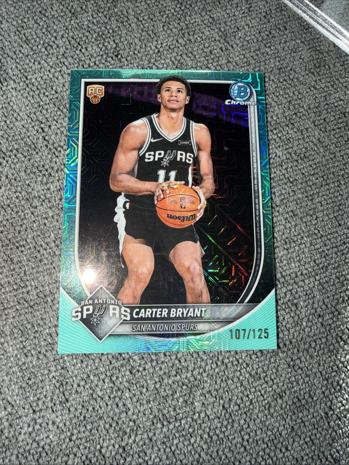 2025-26 Bowman Carter Bryant Chrome RC Aqua Mojo Refractor Rookie #/125 Spurs