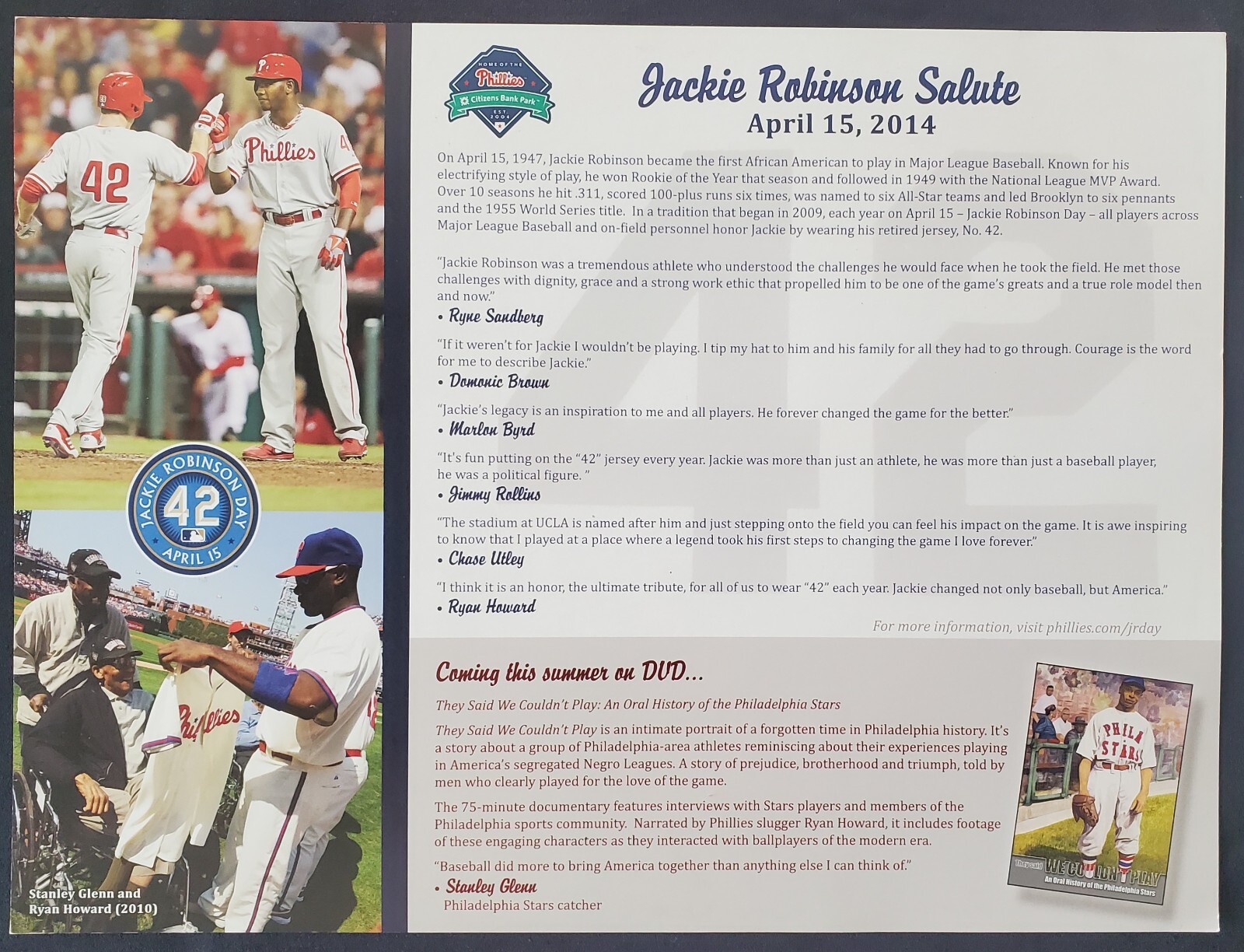 2014 Jackie Robinson Brooklyn Dodgers 8×10 Phillies MLB Commemorative Card