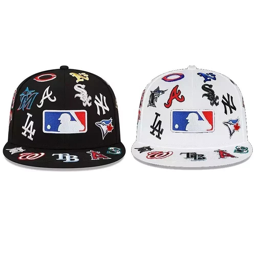 “BOXED” MLB Teams Patch Logos All-Over Black/White 59FlFTY Fitted Cap-5950 Hat