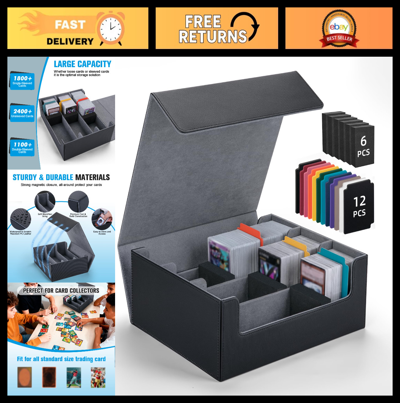 Large Capacity Trading Card Storage Box, 12 Dividers, Magnetic Closure, Holds 18