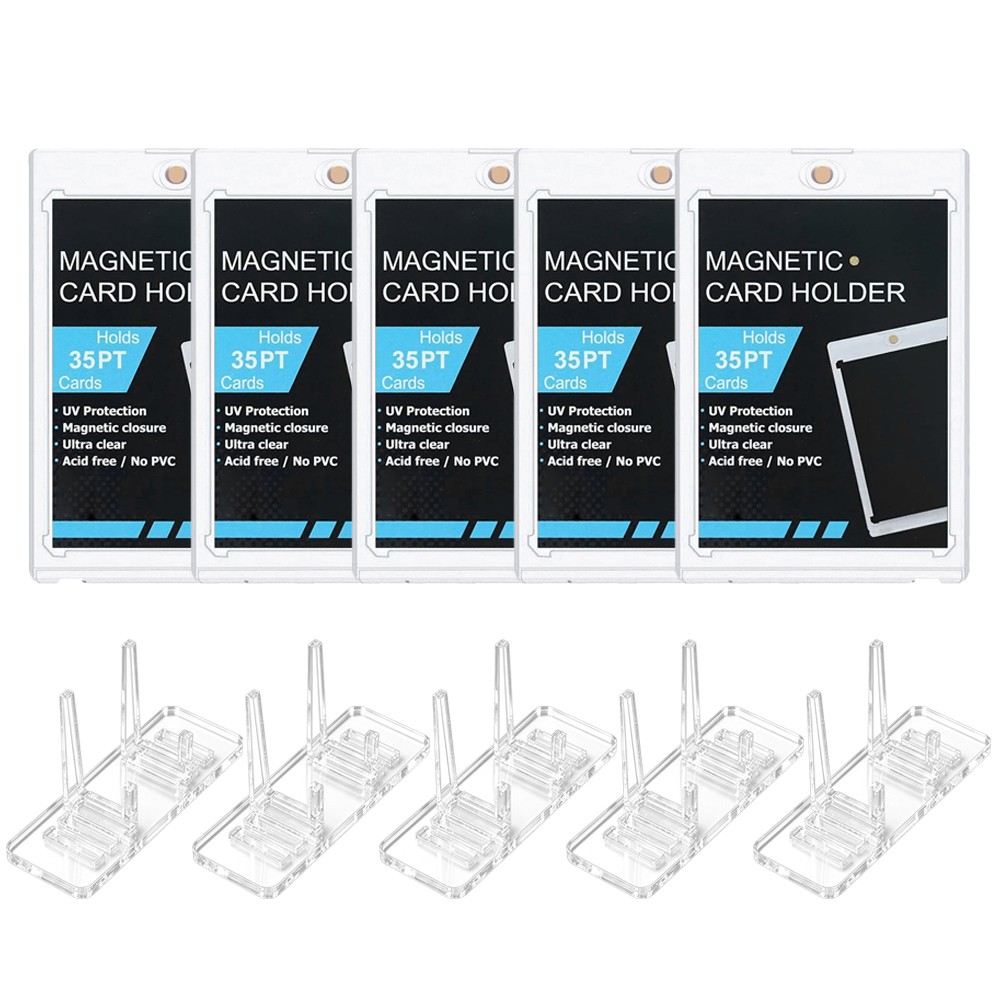 5PACK Magnetic Trading Card Holder 35PT Hard Case Protector + Display Stand
