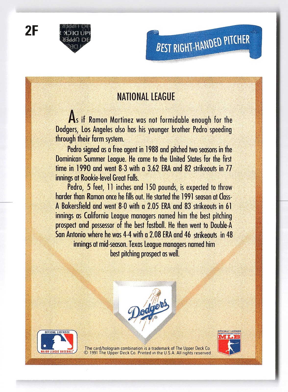 1991 Upper Deck #2F Pedro Martinez Minor League Diamond Skills RC Dodgers