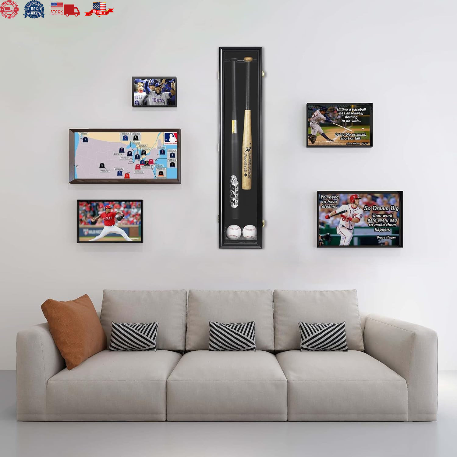 2 Baseball Bat Display Case Wooden Frame with Acrylic Transparent Door Holder