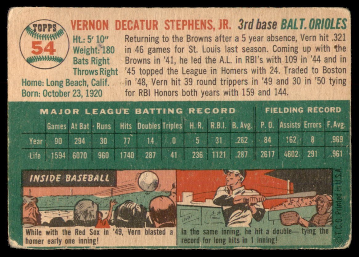 1954 Topps #54 VERN STEPHENS Baltimore Orioles VG (Light Wrinkles)