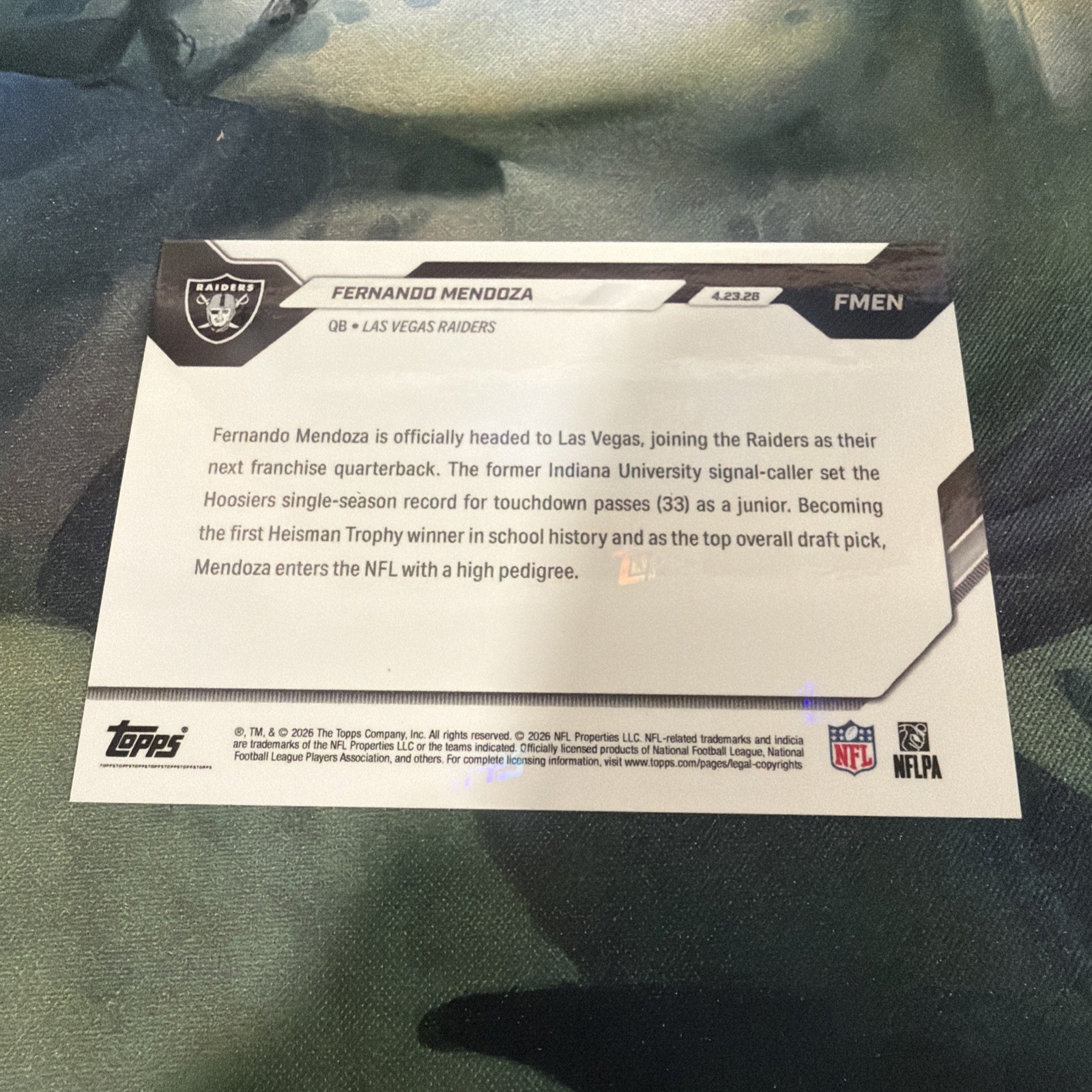 2026 Topps Now NFL Draft Night 1st Overall FMEN Fernando Mendoza RAIDERS RC