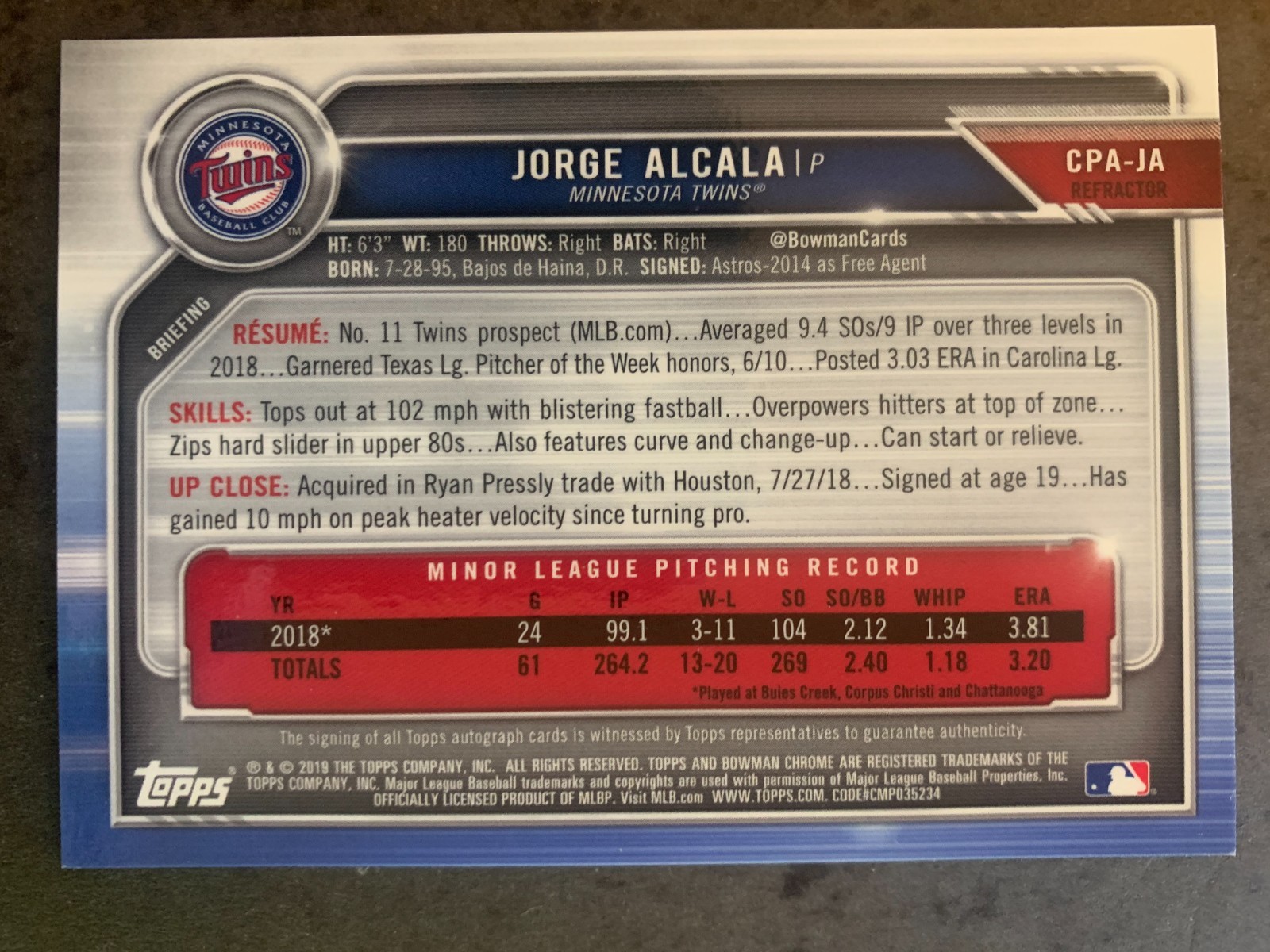 2019 Bowman Chrome JORGE ALCALA Auto Refractor /499 Rookie Autograph #CPA-JA