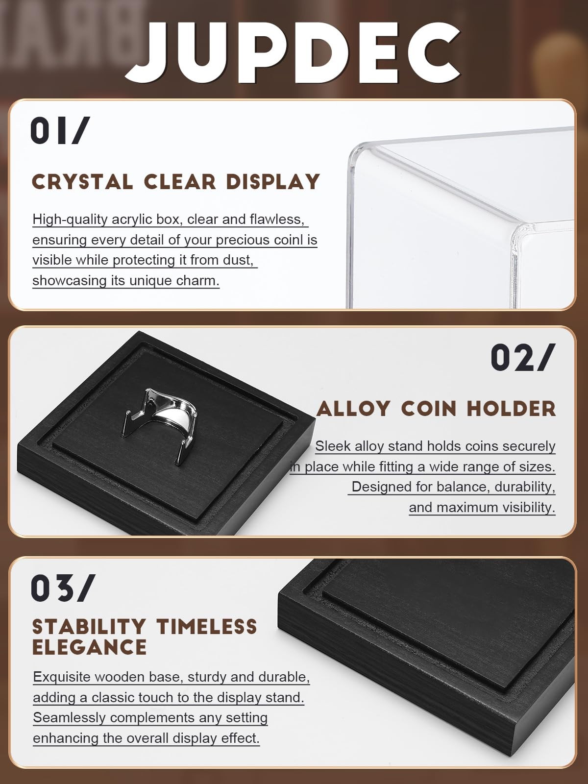 Coin Display Case Clear Acrylic Showcase Wood Base Alloy Holder Single Challenge