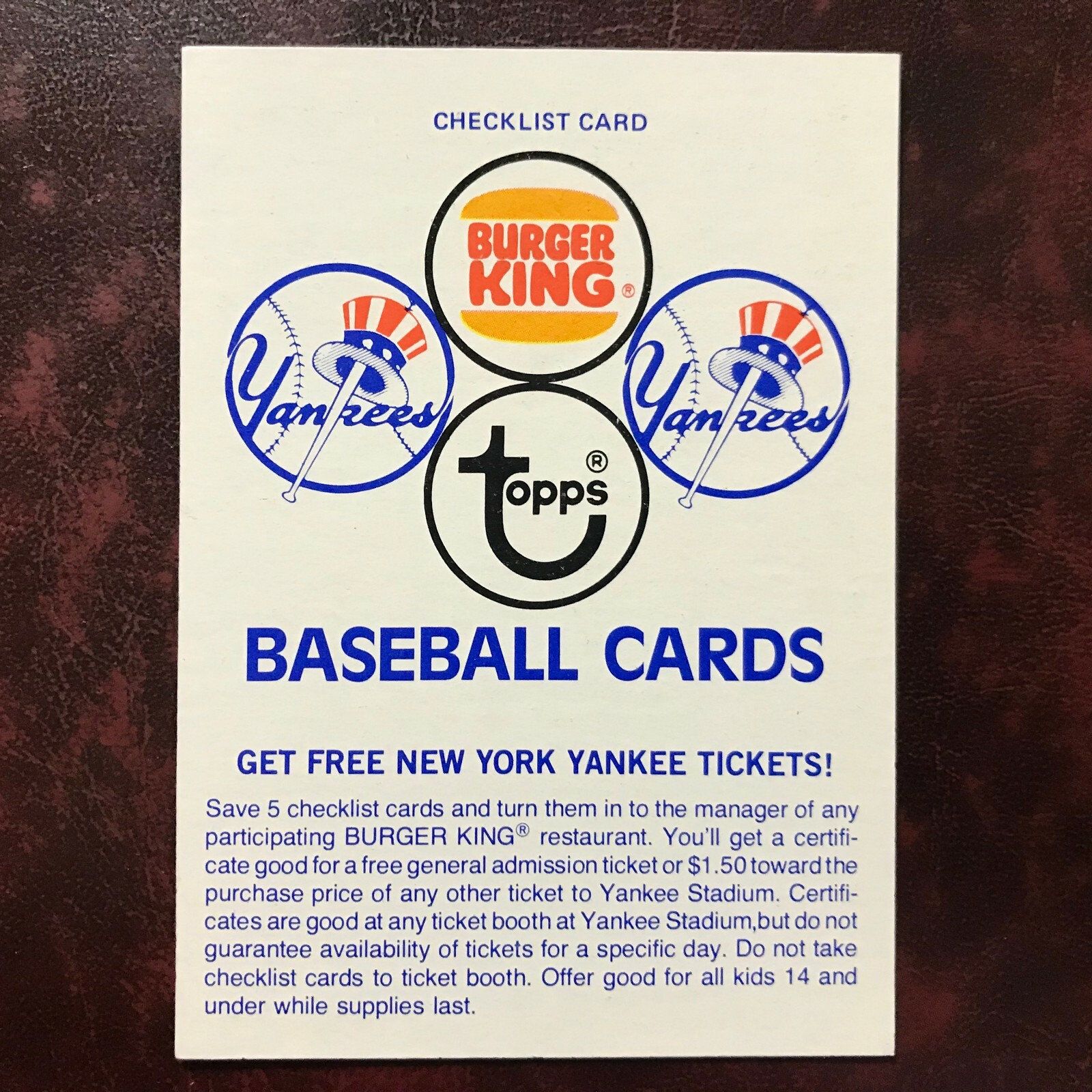 1977 Topps Burger King Set YANKEES navy blue CHECKLIST CARD UNMARKED – NR-MINT