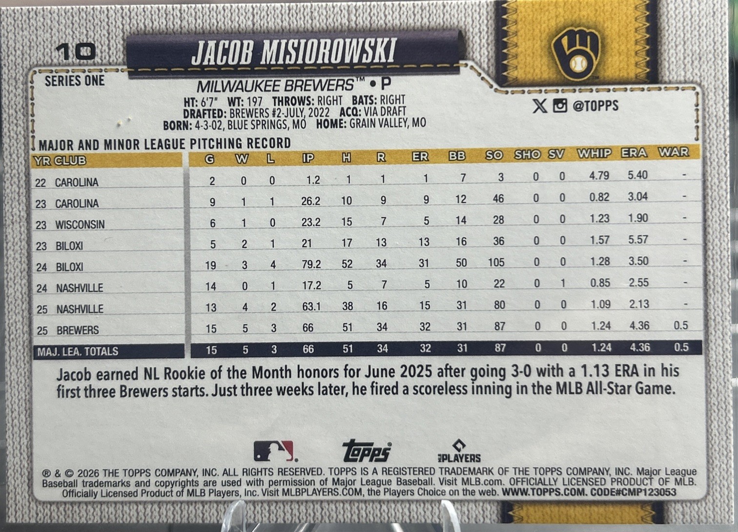 2026 TOPPS Baseball Series 1 Jacob Misiorowski #10 Milwaukee Brewers RC Rookie