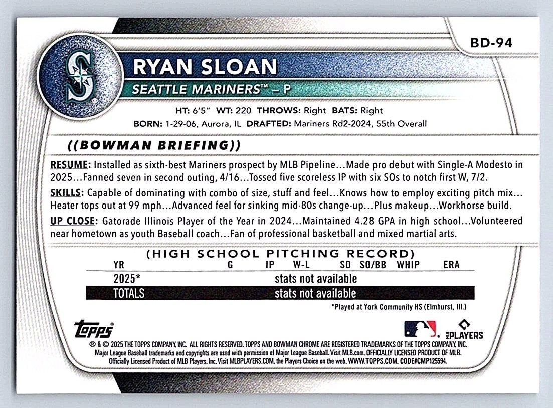 RYAN SLOAN MARINERS 2025 BOWMAN DRAFT #BD-94