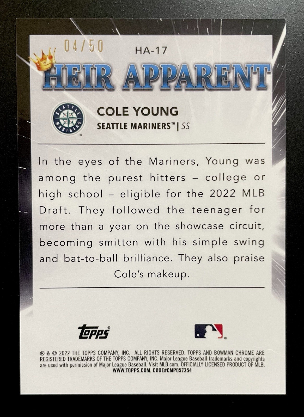 Cole Young 2022 Bowman Draft Chrome Heir Apparent Gold 4/50 Insert Card #HA-17