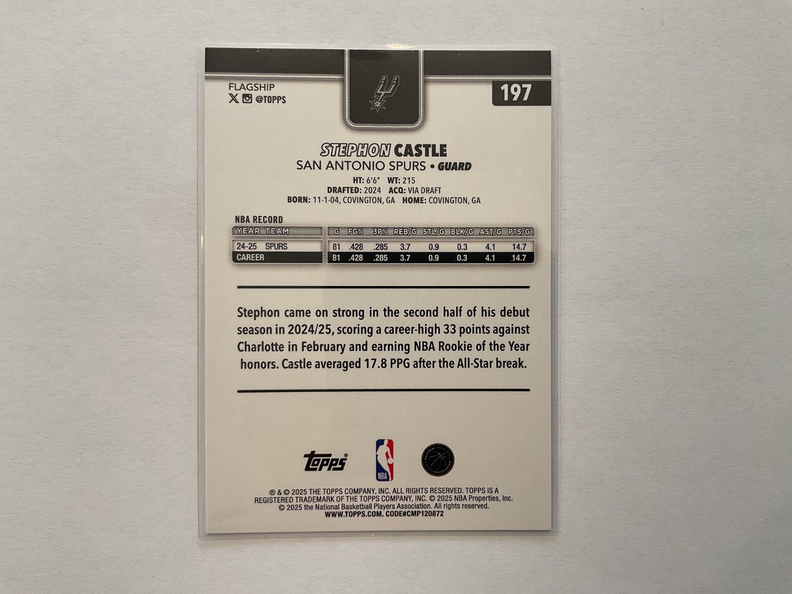 Stephon Castle 2025-26 Topps Flagship Holo Foil Card # 197 Spurs