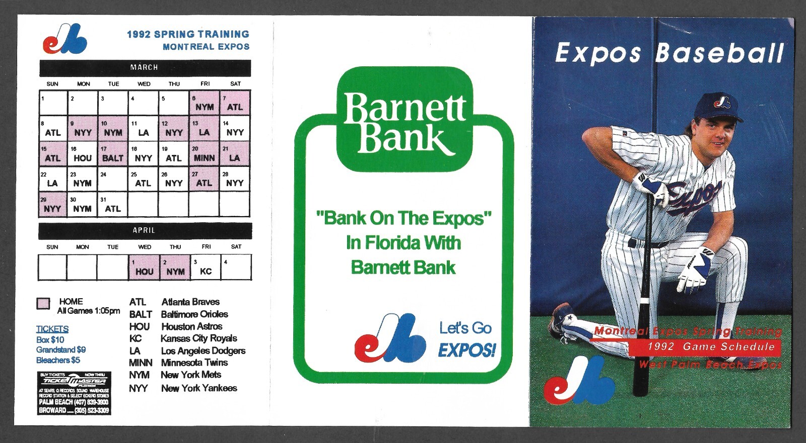 1992 MONTREAL Spring & WPB EXPOS Regular Season Larry Walker POCKET SCHEDULE