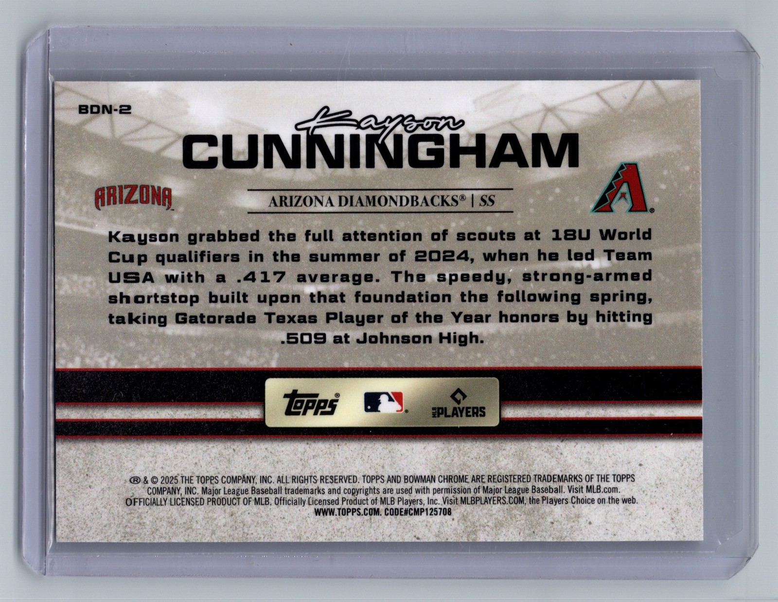 2025 Bowman Draft KAYSON CUNNINGHAM #BDN-2 Draft Night Chrome Diamondbacks