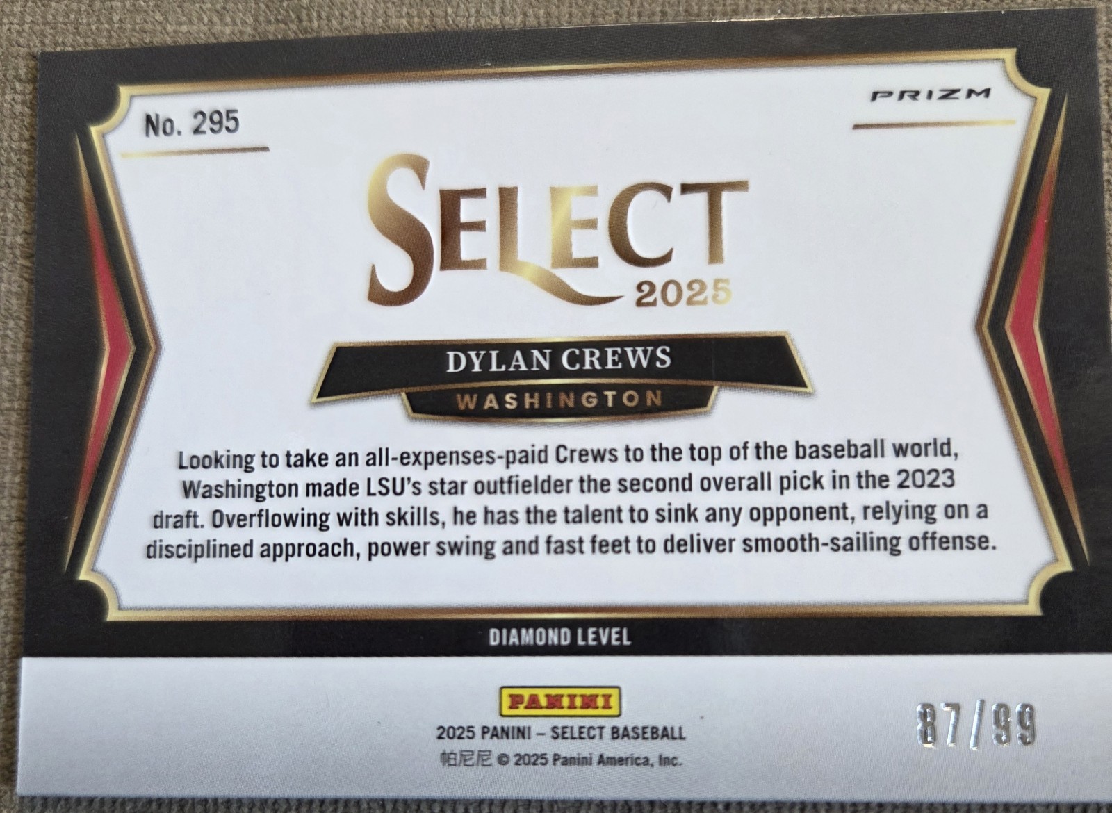 2025 Panini Select Dylan Crews RC /99 Blue Pulsar Prizm Diamond Level