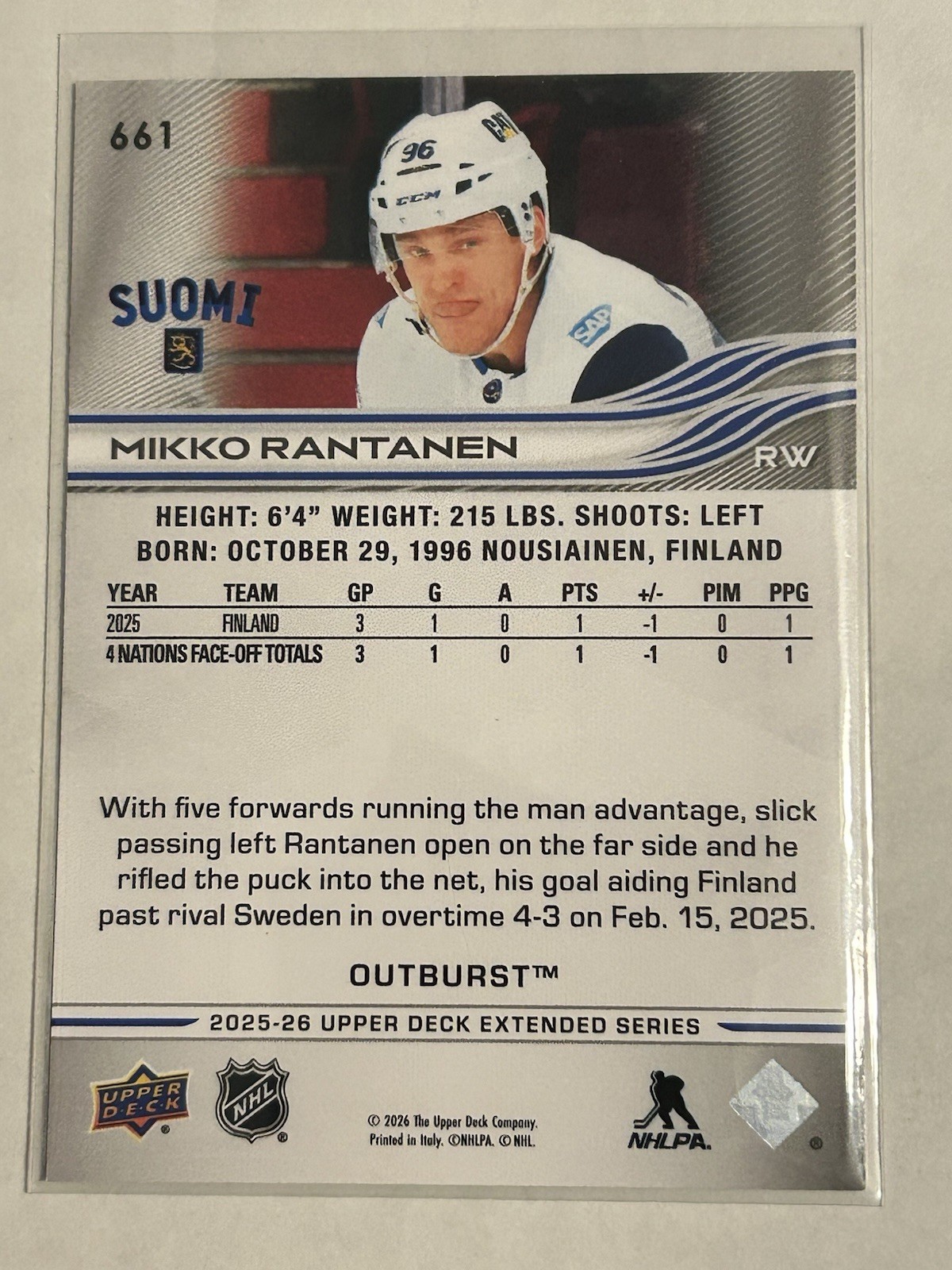 Mikko Rantanen 2025-26 Upper Deck Extended Series Outburst #661 Finland 🇫🇮