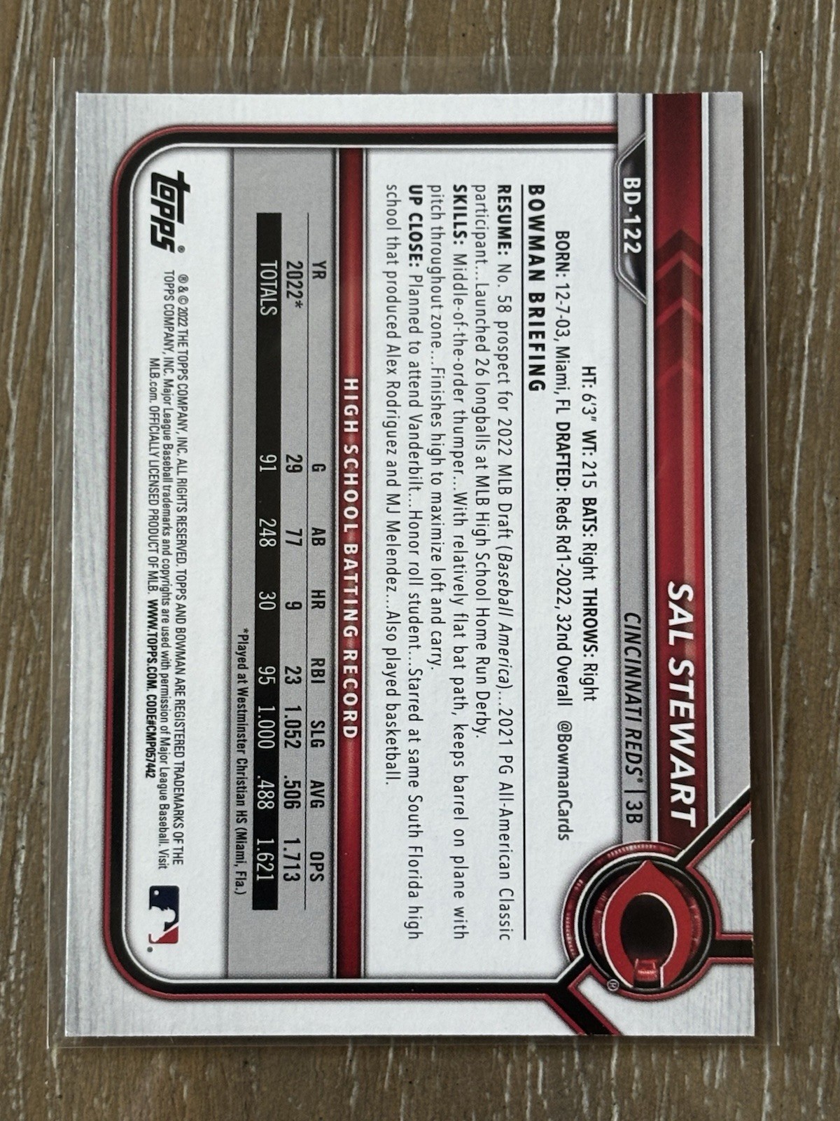 2022 Bowman Draft 1st Edition Sal Stewart #BD-122 Rainbow Foil /1 (RC) Reds