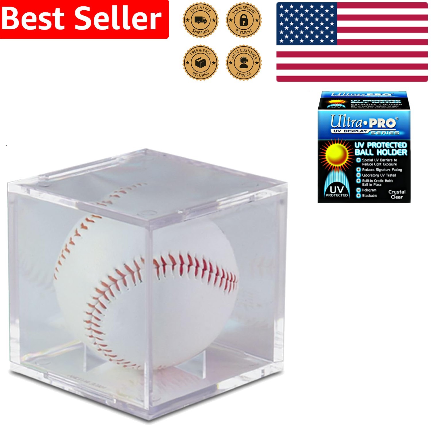 Baseball Display Case UV Protection Holder Clear Square Tabletop Mount Slide-in