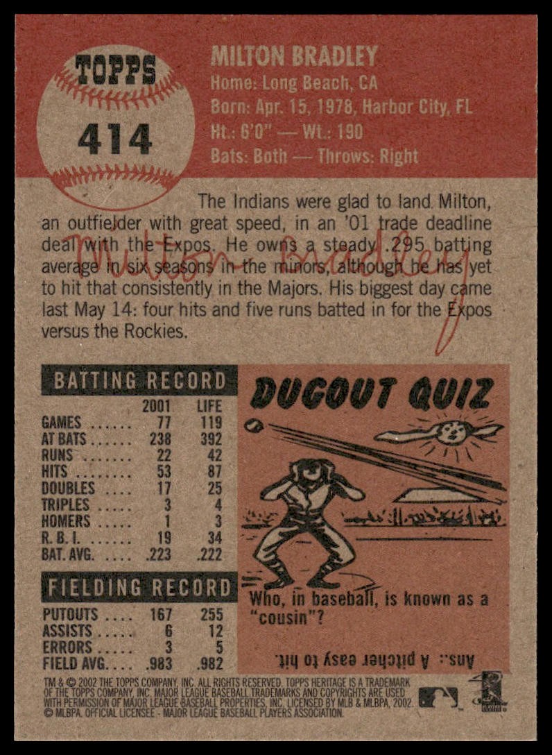 2002 Topps Heritage #414 Milton Bradley Cleveland Indians SP NM+