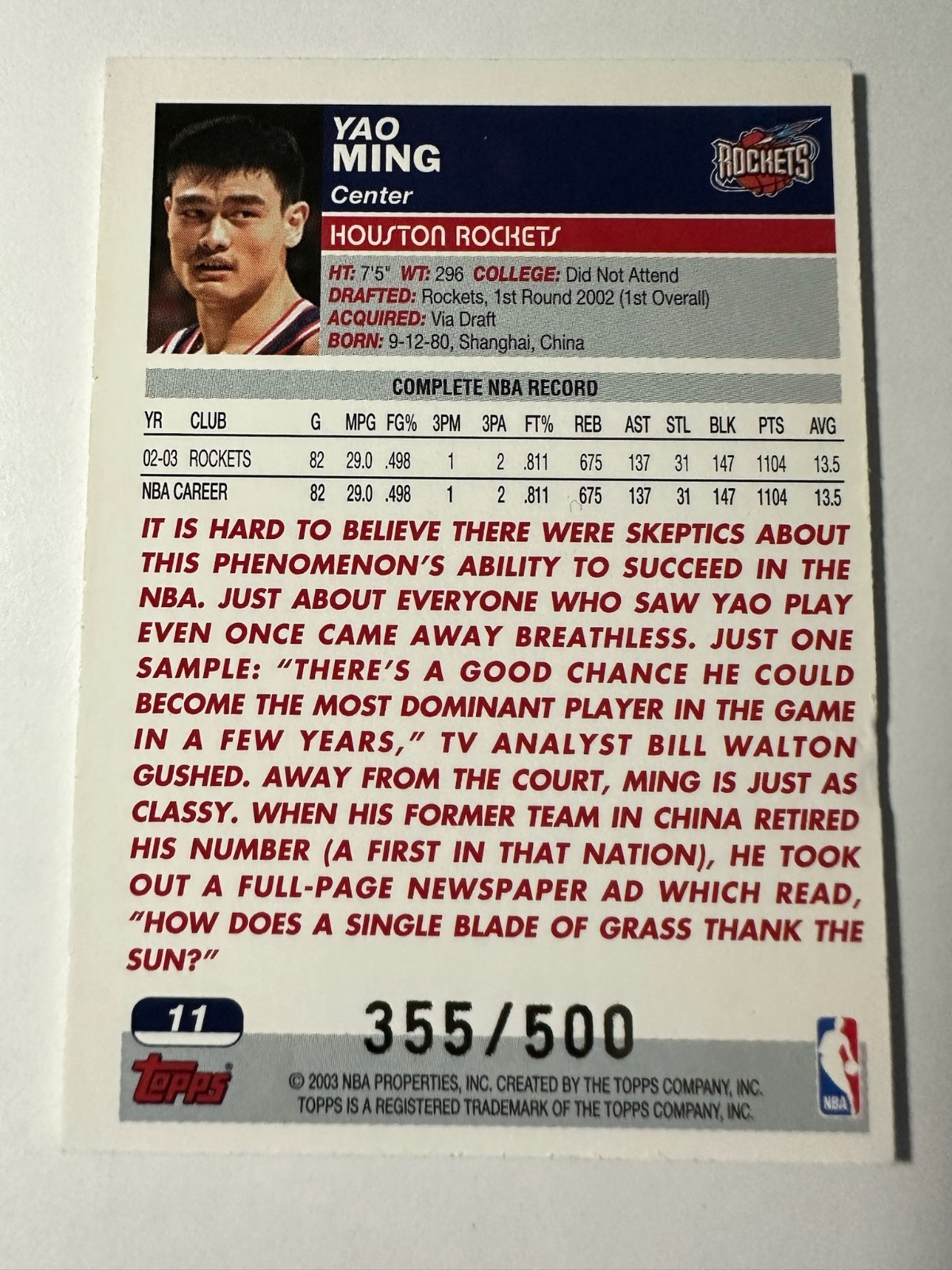2003-04 Topps Yao Ming Black Border /500 Rockets #11 SP