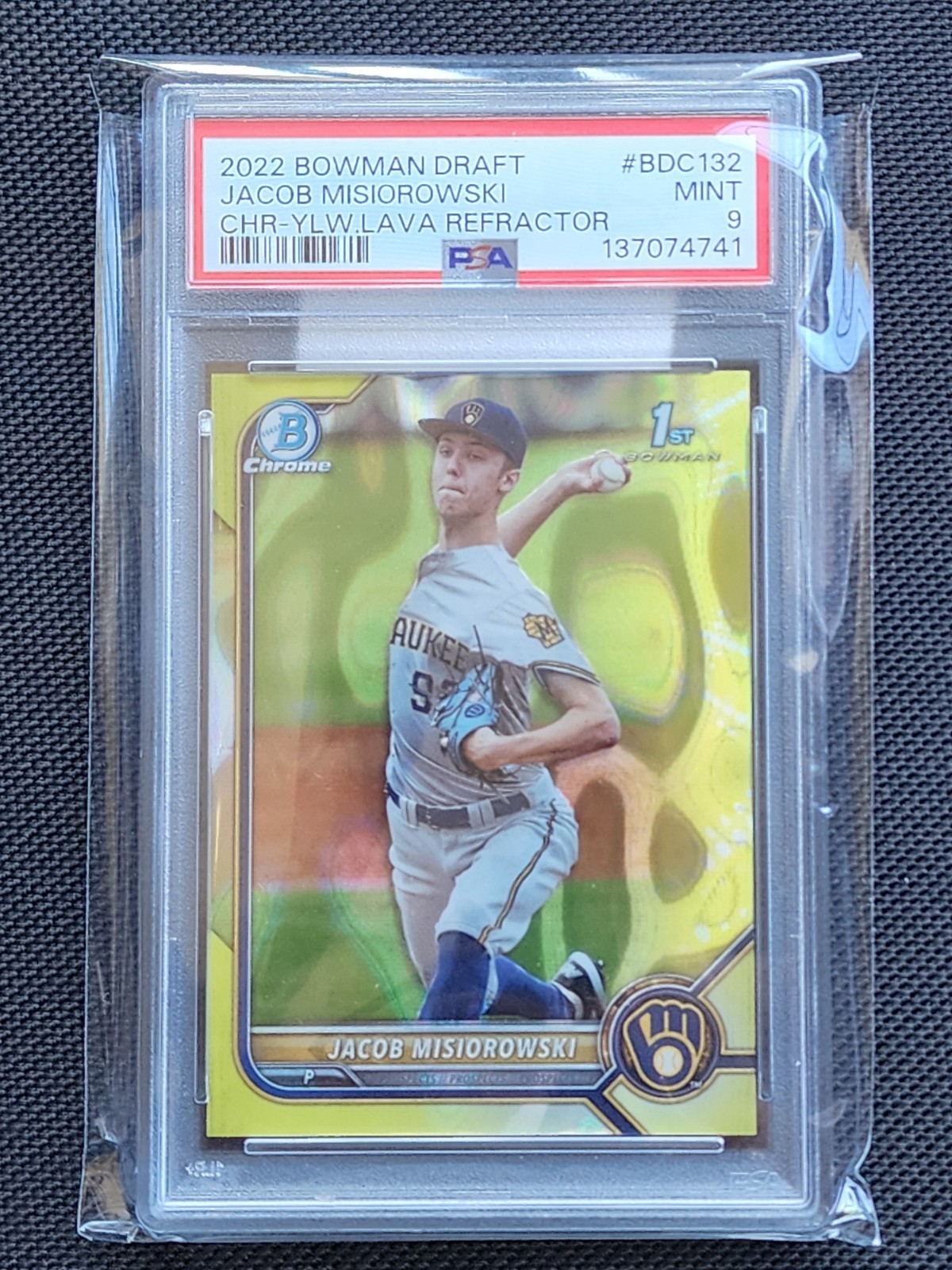 2022 JACOB MISIOROWSKI Bowman Chrome 1st RC YELLOW LAVA REFRACTOR #/75 PSA 9