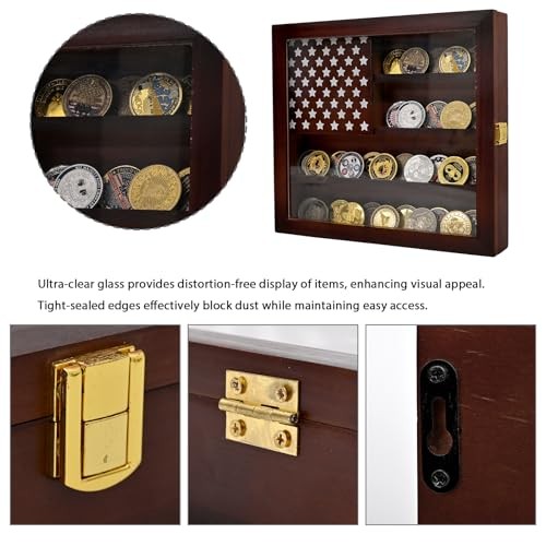 Wall Mounted Challenge Coin Display Stand with Acrylic Glass, Wooden Brown