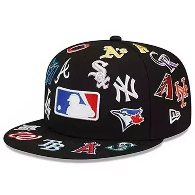 “BOXED” MLB Teams Patch Logos All-Over Black/White 59FlFTY Fitted Cap-5950 Hat