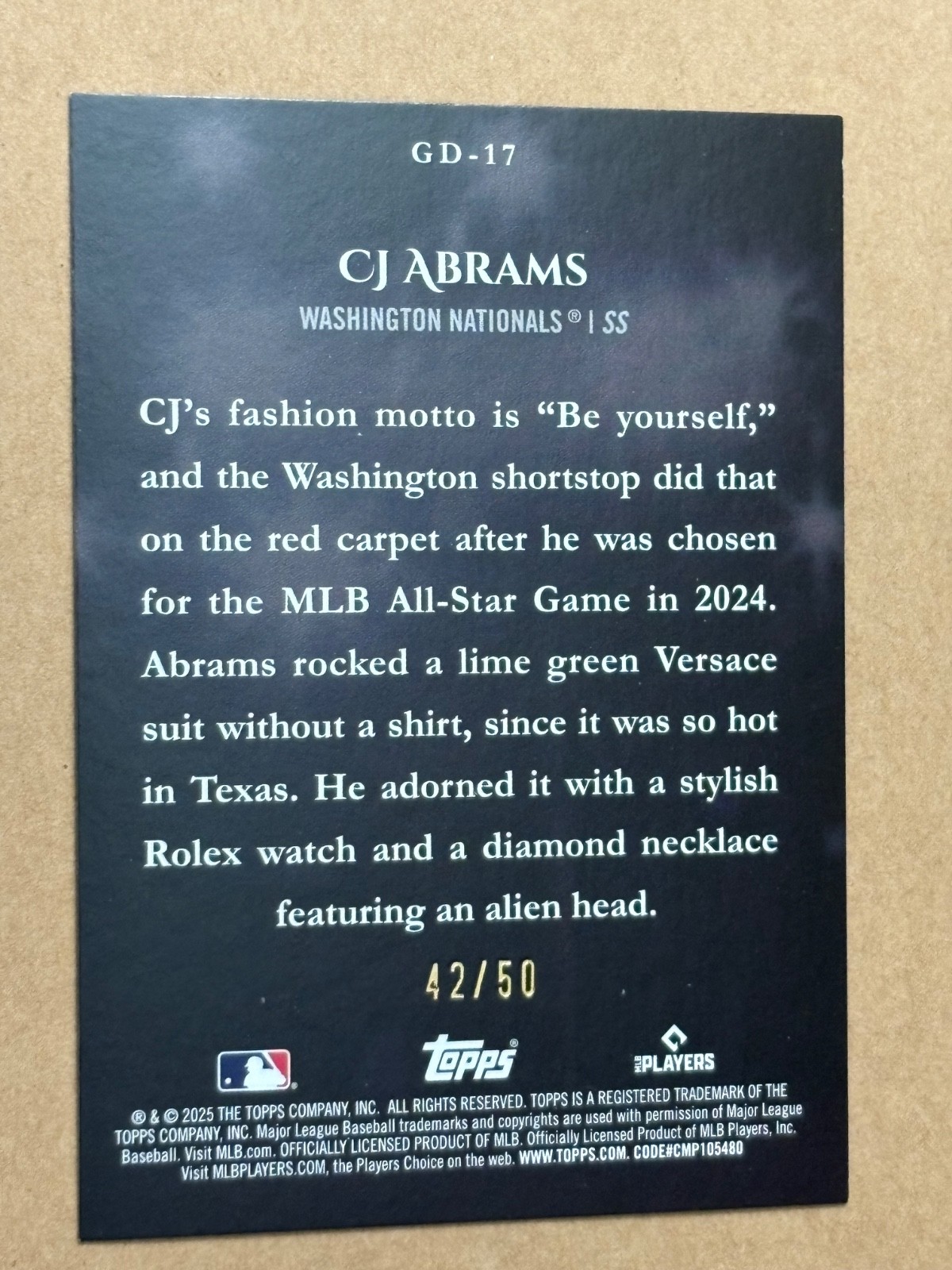 2025 Topps Celebration CJ ABRAMS #GD-17 Gameday Drip GOLD /50
