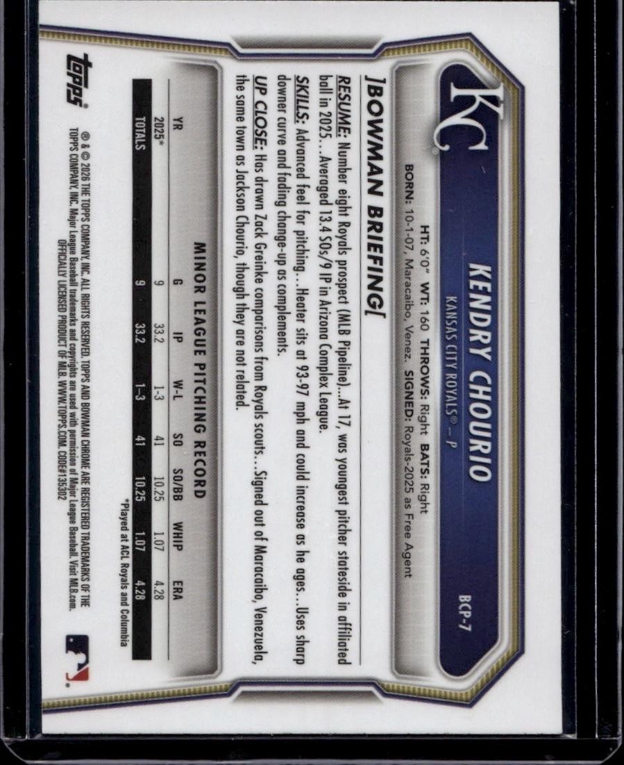 2026 Bowman #BCP-7 Kendry Chourio Chrome Prospects Green Geometric #/99