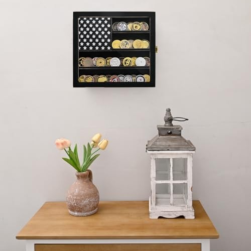 Wall Mounted Challenge Coin Display Stand with Acrylic Glass, Wooden Black