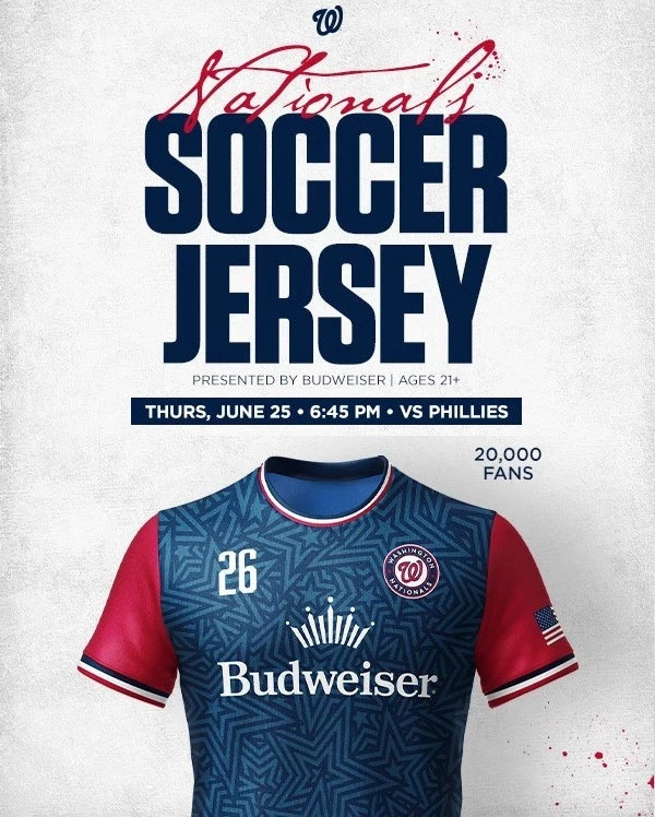 Washington Nationals Soccer Jersey Size Medium SGA 6/25 2026 MLB Budweiser